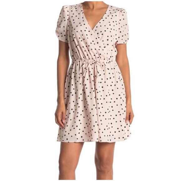 Betsey Johnson Blush Pink Polka Dot Faux Wrap Mini Dress NWT Size 14 - Picture 1 of 5
